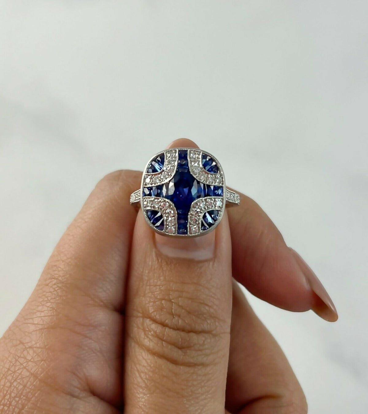Art Deco Style Blue Sapphire Diamond Platinum Engagement Natural