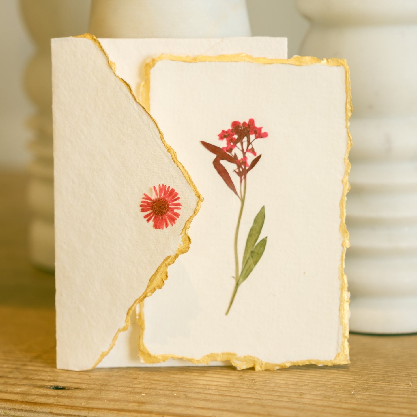 Empty Vase - Handmade Pressed Flower Holiday Postcard - Gold Trim