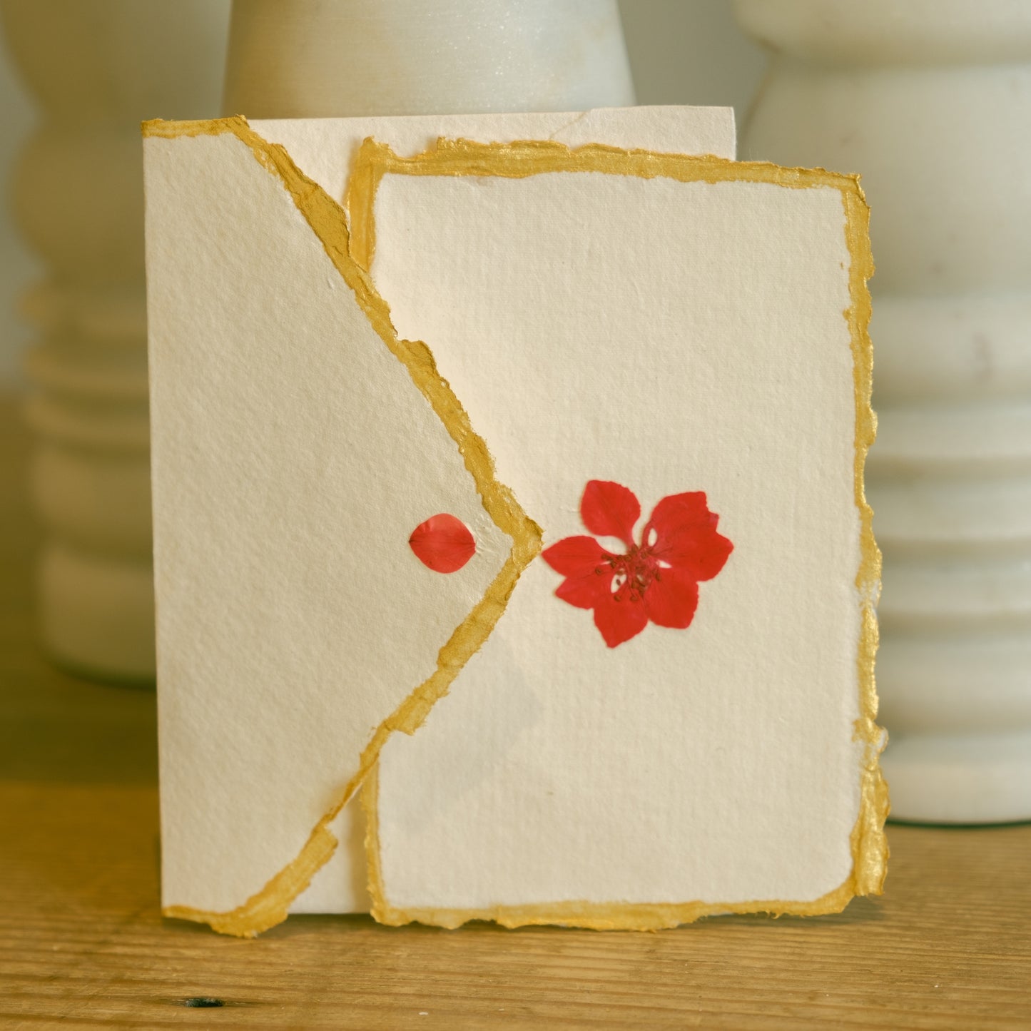 Empty Vase - Handmade Pressed Flower Holiday Postcard - Gold Trim