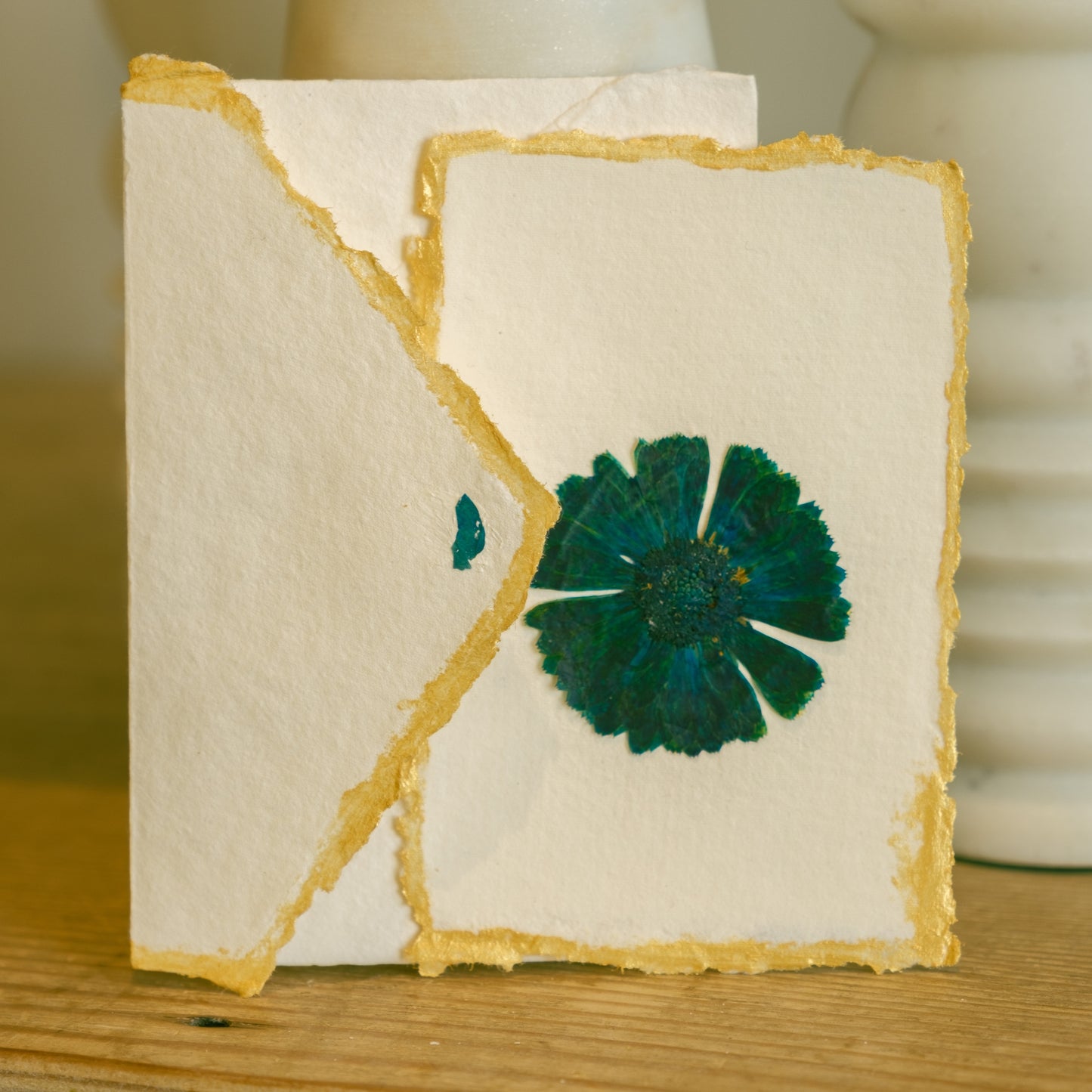 Empty Vase - Handmade Pressed Flower Holiday Postcard - Gold Trim