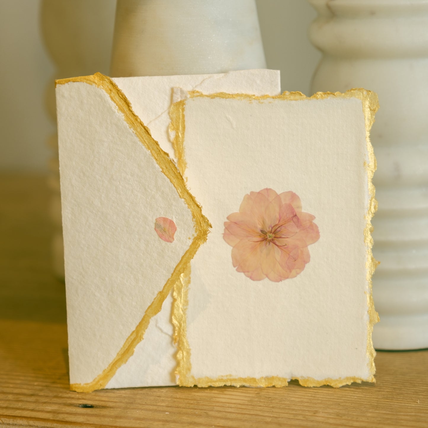 Empty Vase - Handmade Pressed Flower Holiday Postcard - Gold Trim