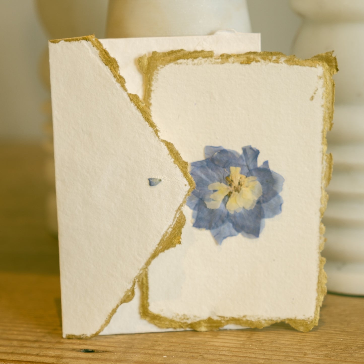 Empty Vase - Handmade Pressed Flower Holiday Postcard - Gold Trim