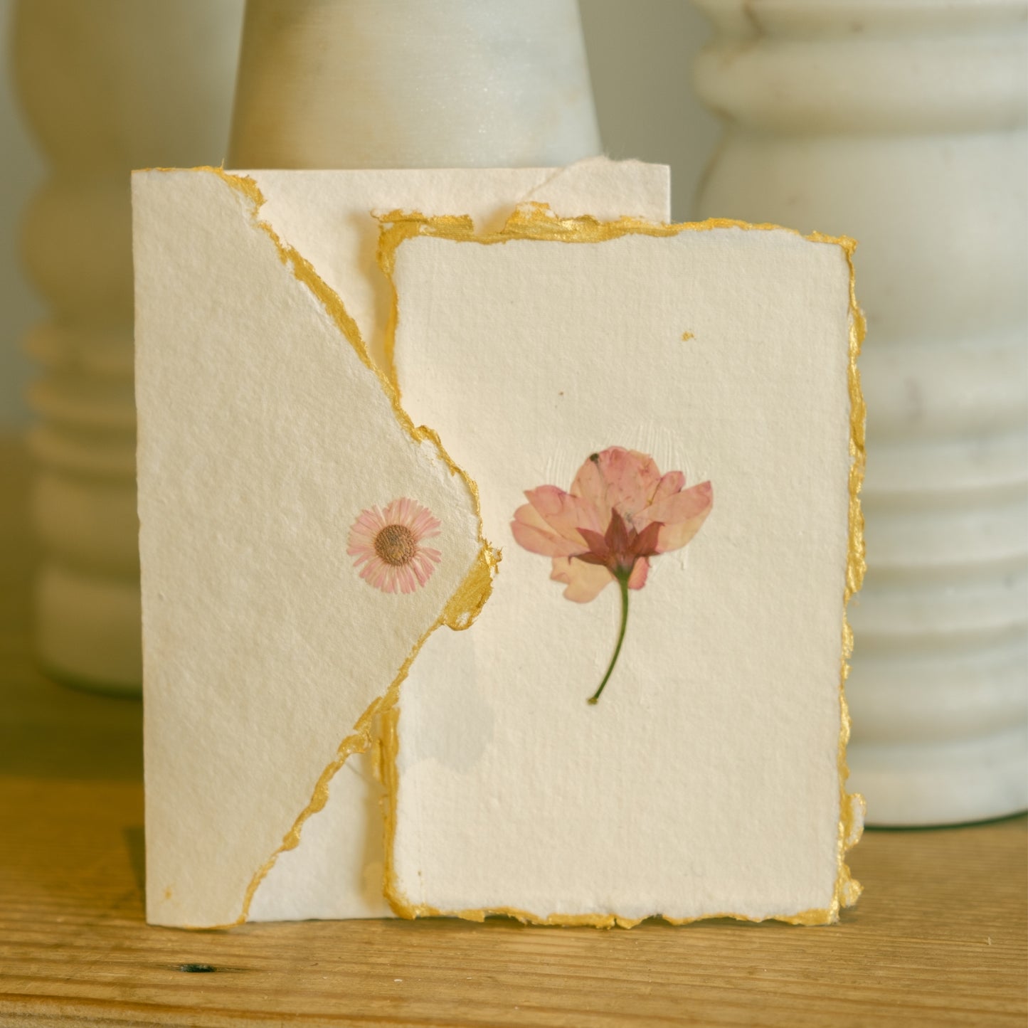 Empty Vase - Handmade Pressed Flower Holiday Postcard - Gold Trim