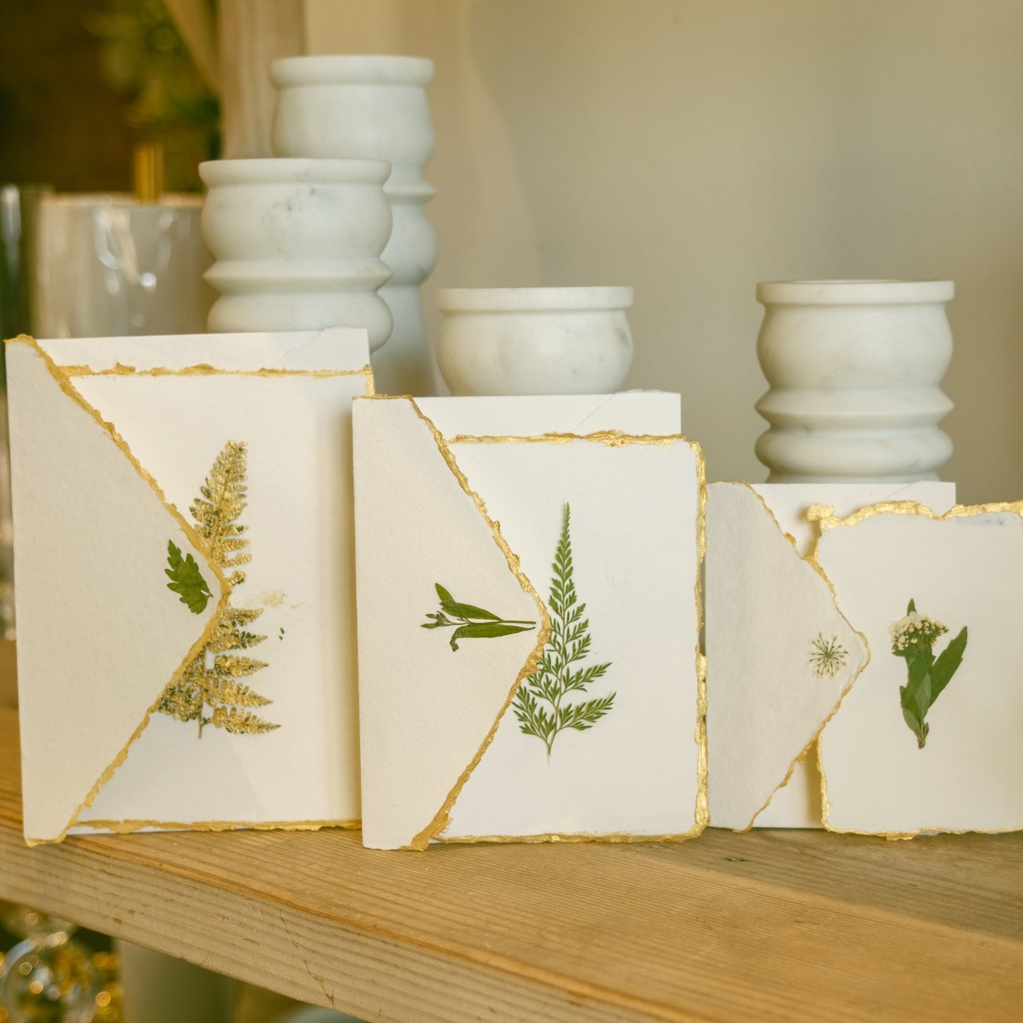 Empty Vase - Handmade Pressed Flower Holiday Postcard - Gold Trim