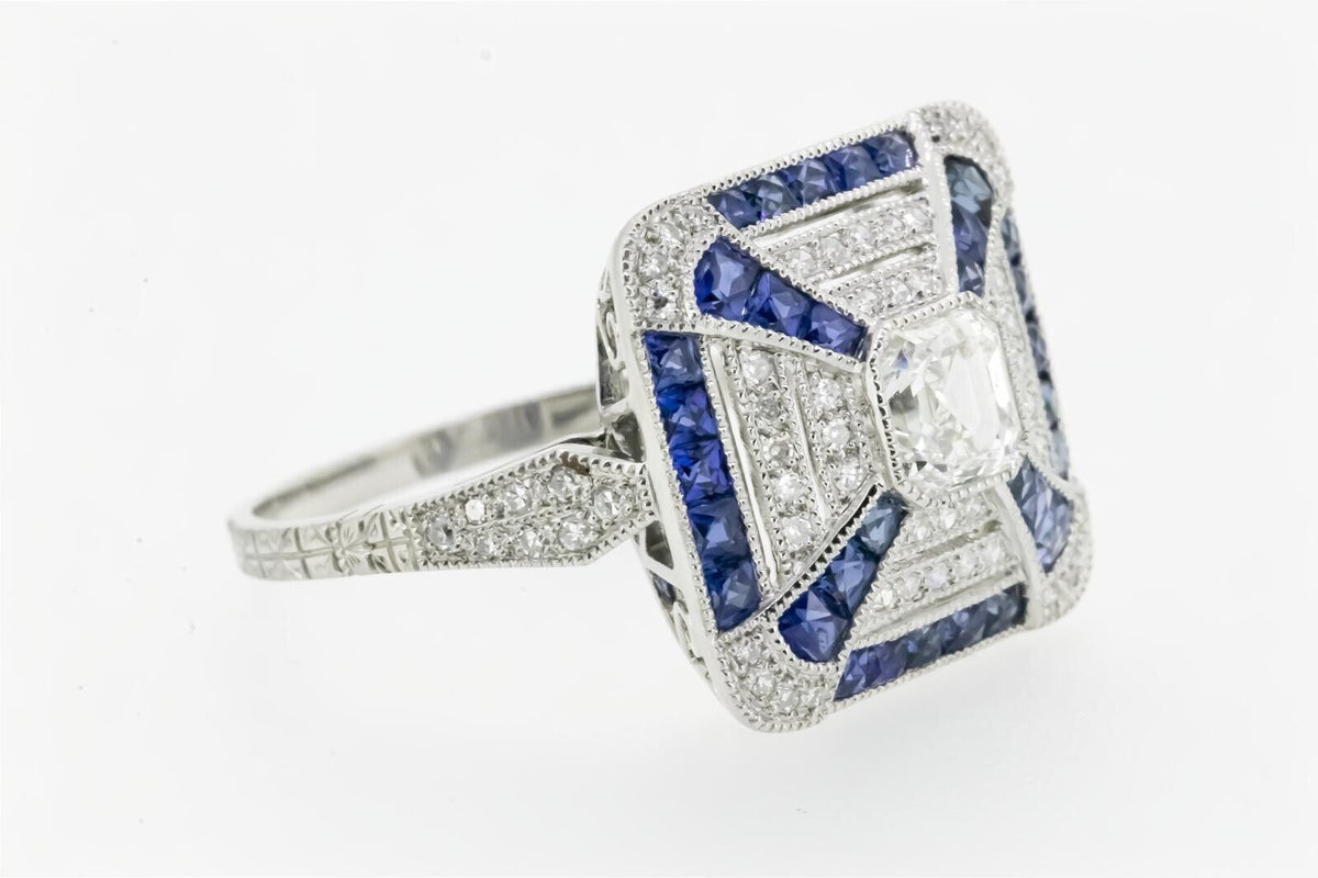 Art Deco Inspired Asscher Cut Diamond Sapphire Platinum Ring
