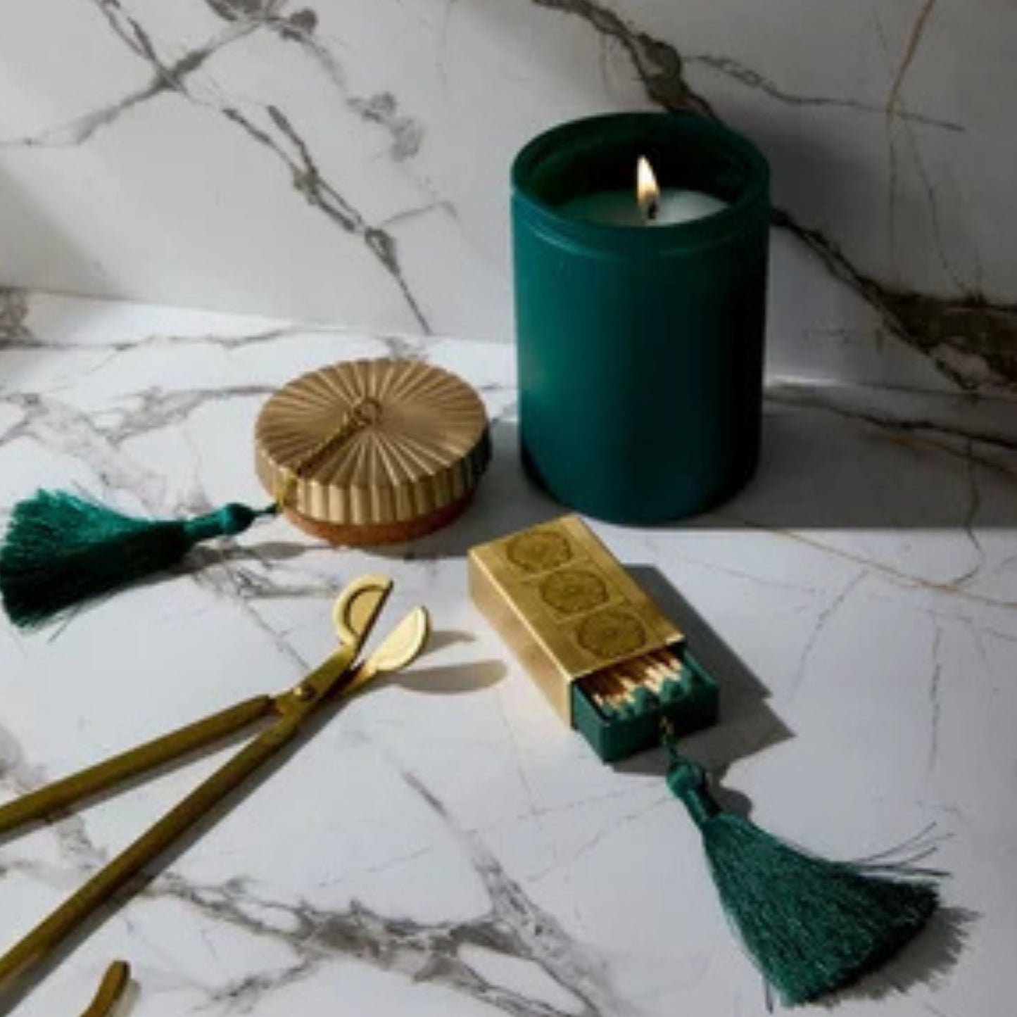 Skeem- Gilded Brass Matchbox with Evergreen Tassel