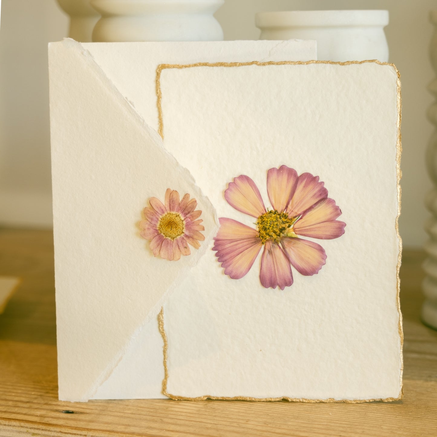 Empty Vase - Handmade Pressed Flower Holiday Postcard - Gold Trim