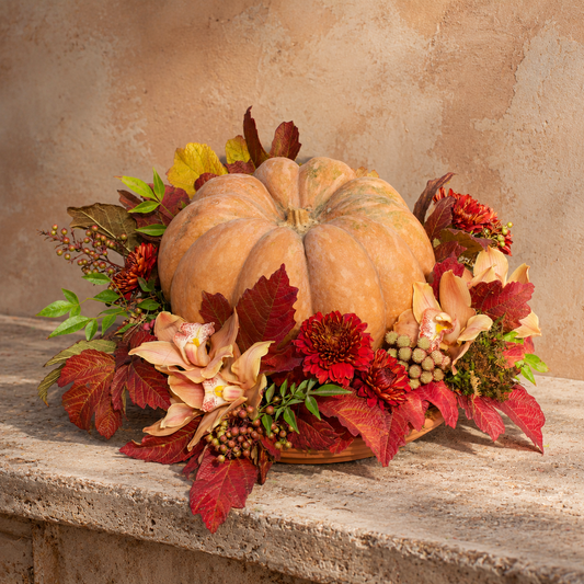 Crimson Patch arrangement of Cymbidium orchids, red chrysanthemums, and fall leaves around a pumpkin in a terracotta bowl