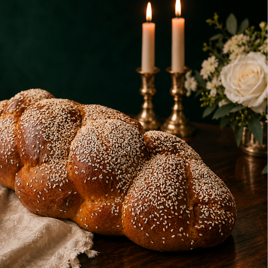 Braided challah bread topped with sesame seeds, displayed on a dark wooden table with a beige cloth, lit candles, and white flowers in the background.