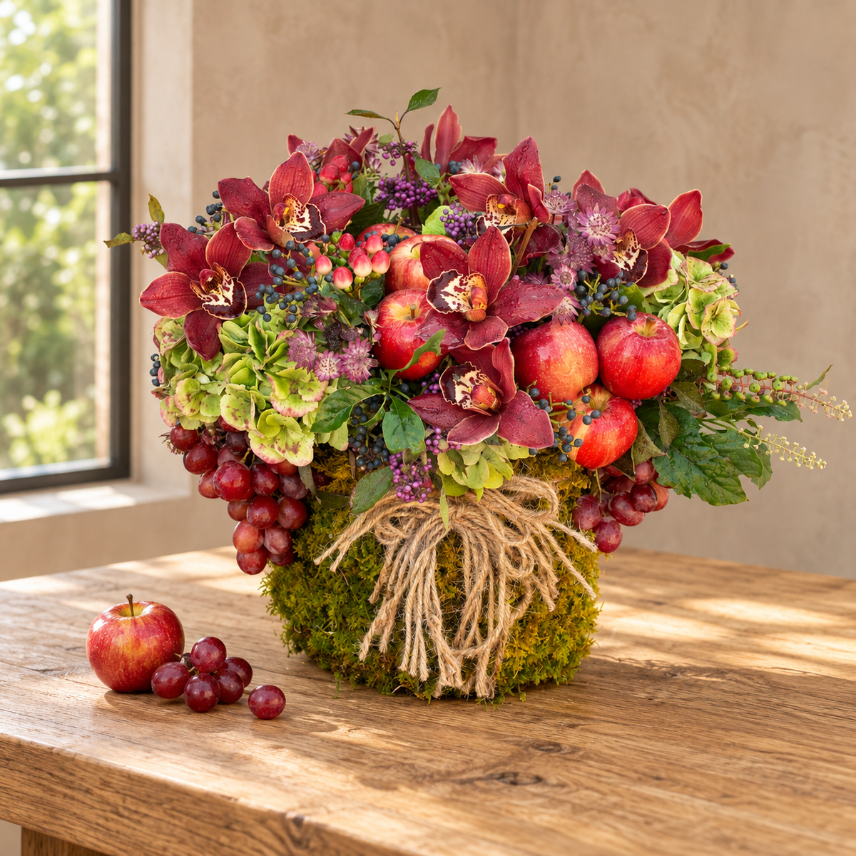 Honeycrisp Harvest arrangement of burgundy Cymbidium orchids, hydrangeas, apples and grapes in a moss-wrapped glass vase