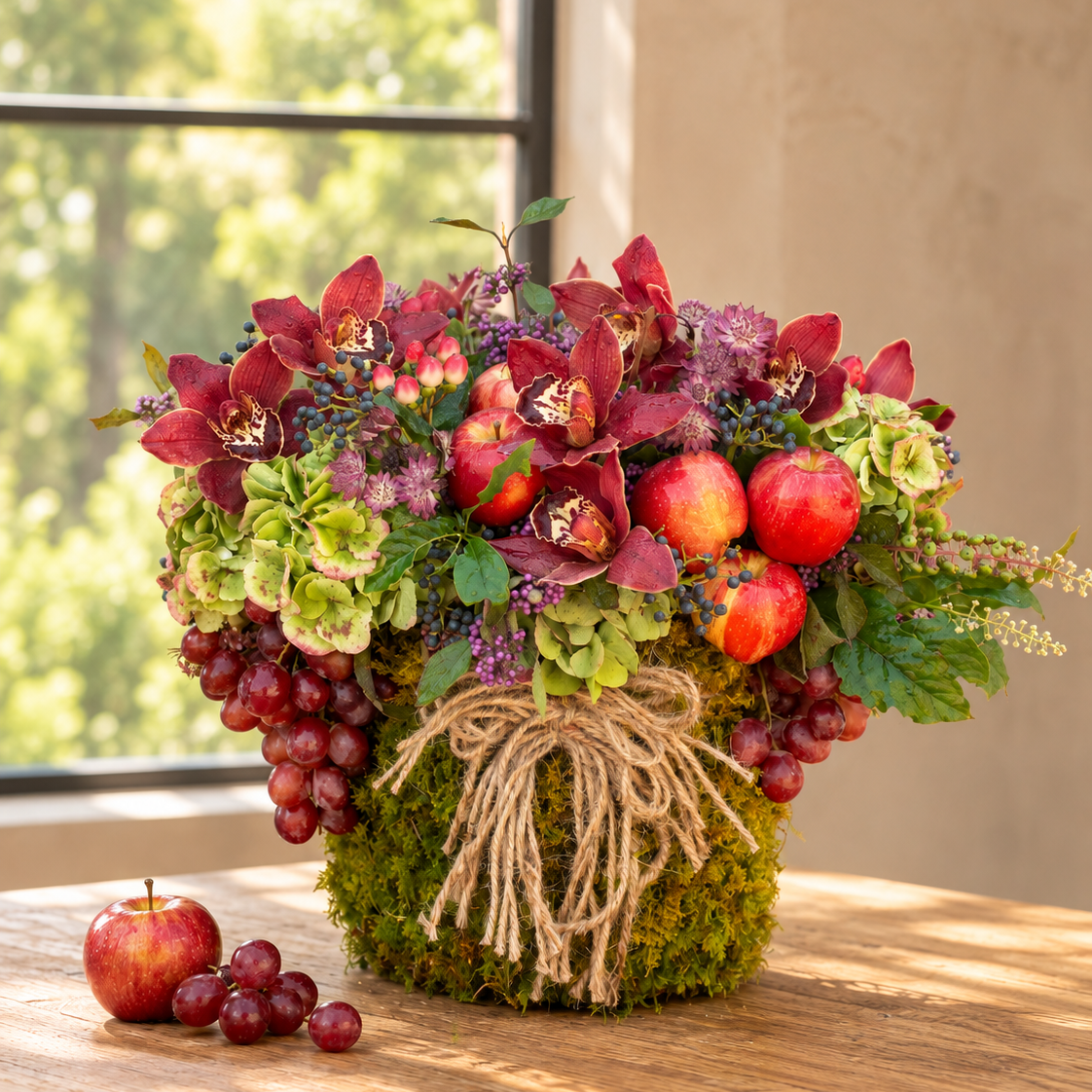Honeycrisp Harvest arrangement of burgundy Cymbidium orchids, hydrangeas, apples and grapes in a moss-wrapped glass vase