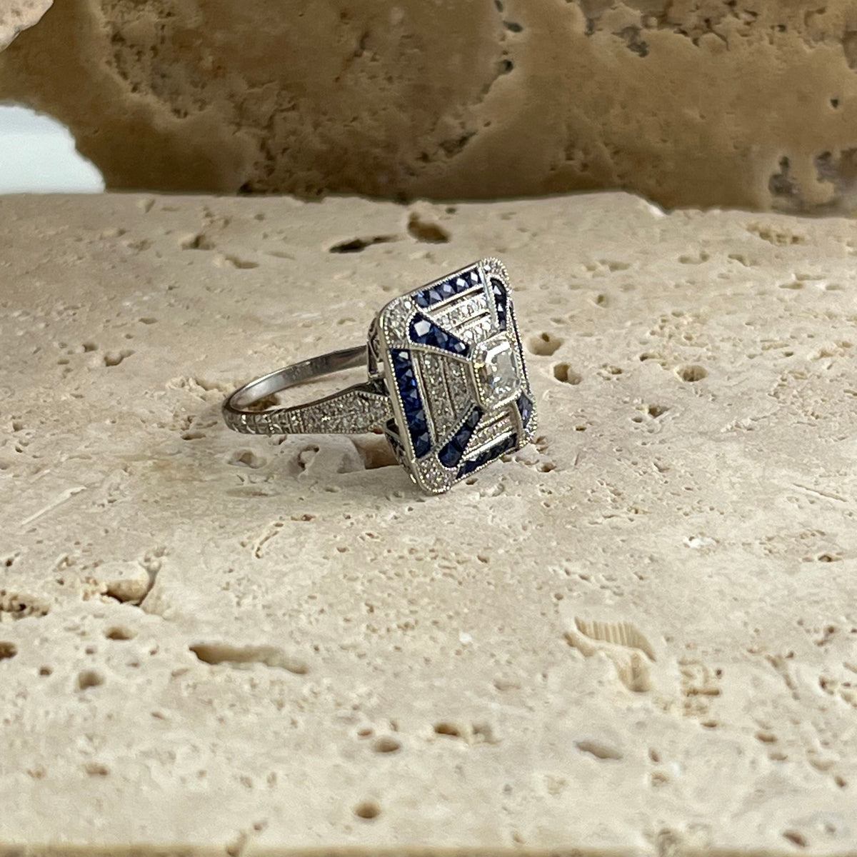 Art Deco Inspired Asscher Cut Diamond Sapphire Platinum Ring