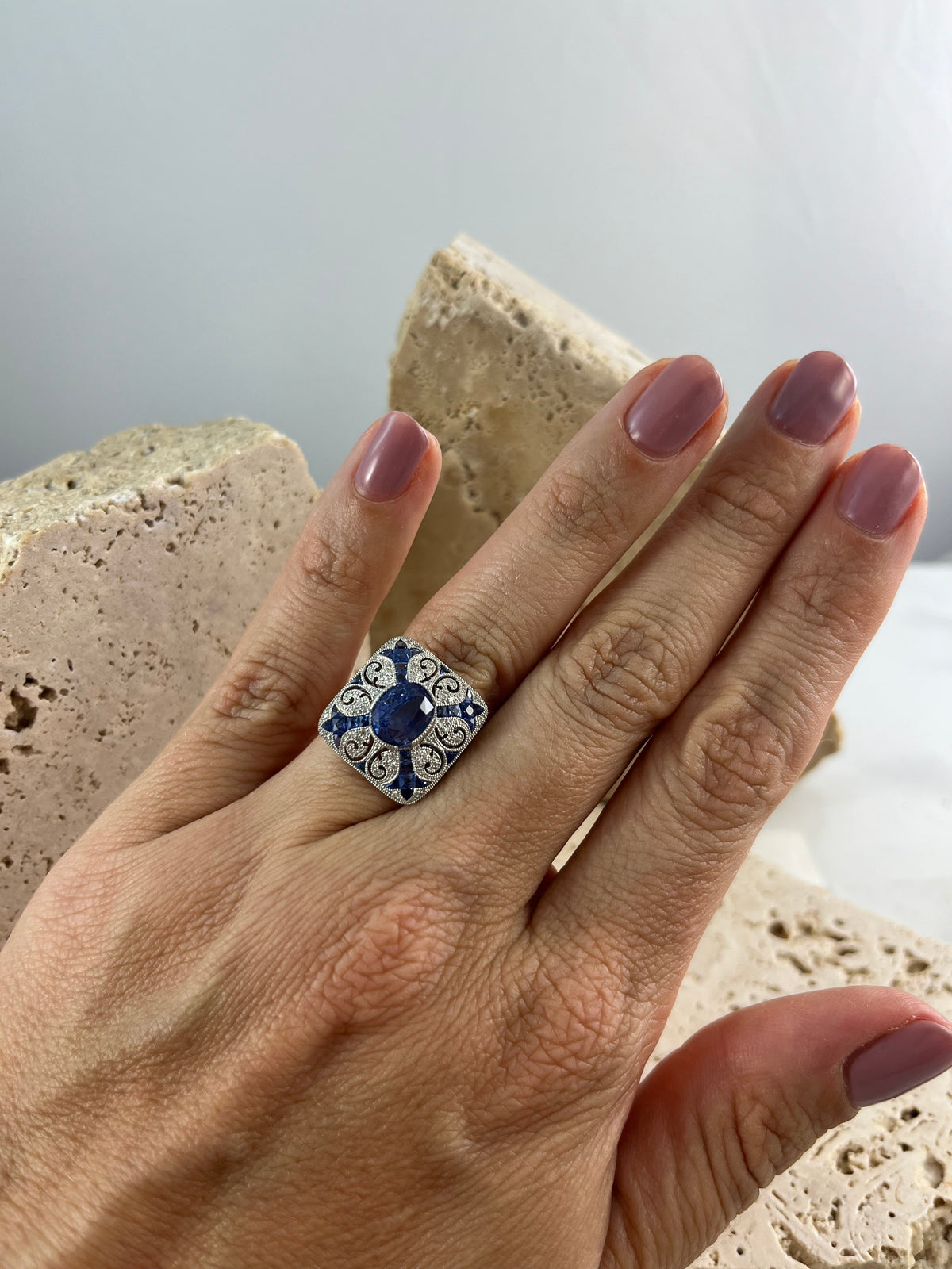 Art Deco Inspired Sapphire Diamond Platinum Ring