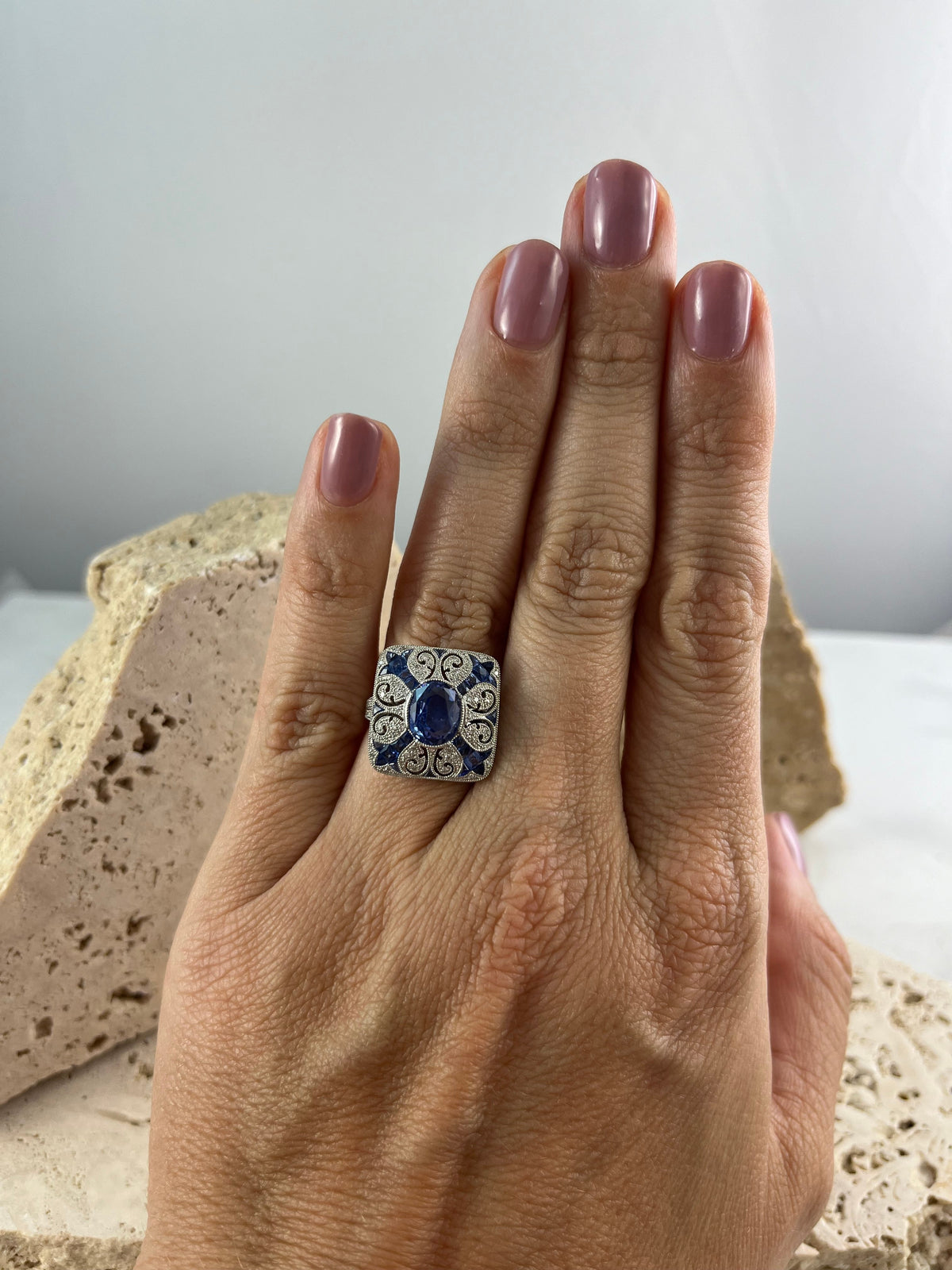 Art Deco Inspired Sapphire Diamond Platinum Ring