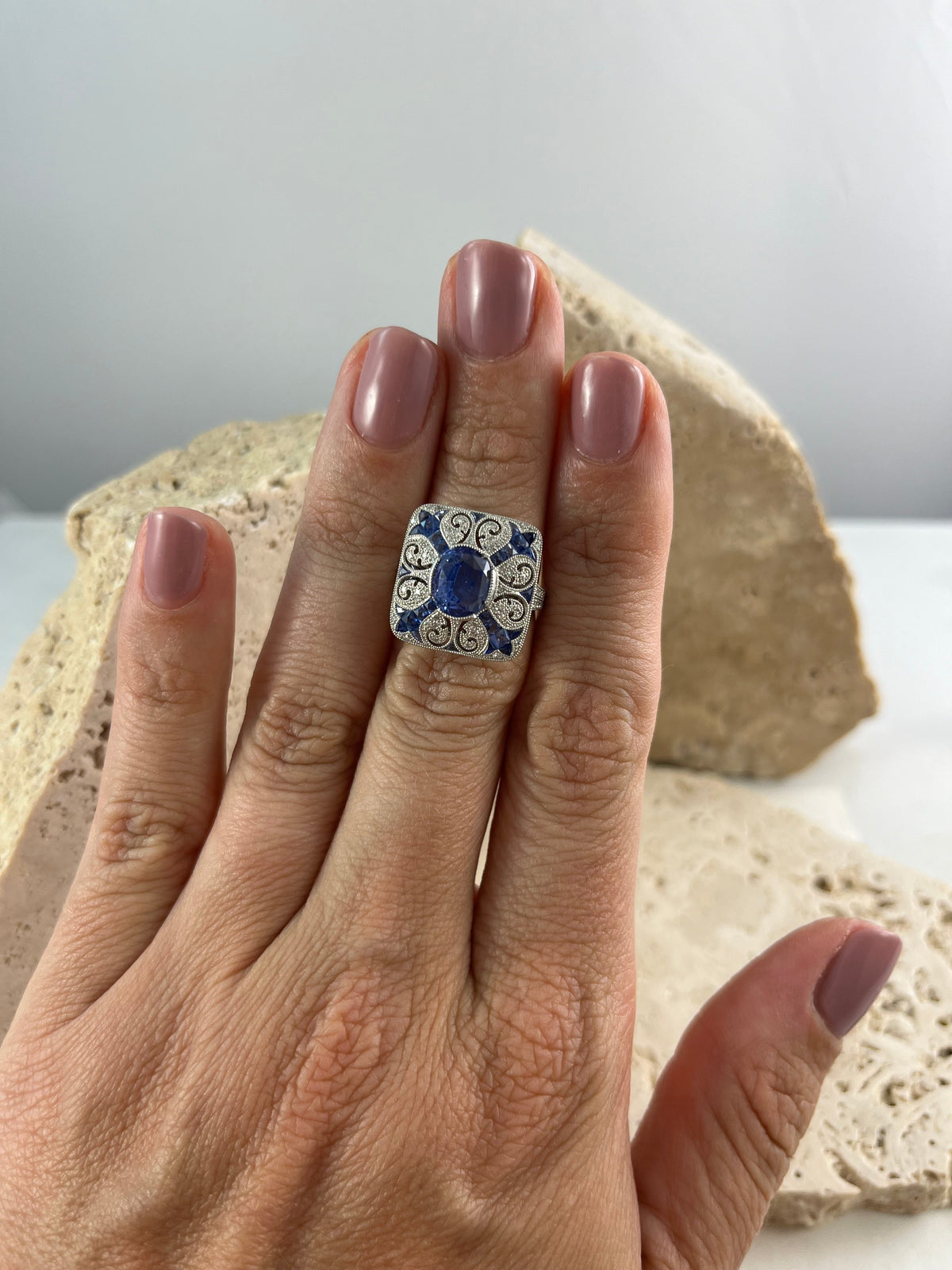 Art Deco Inspired Sapphire Diamond Platinum Ring