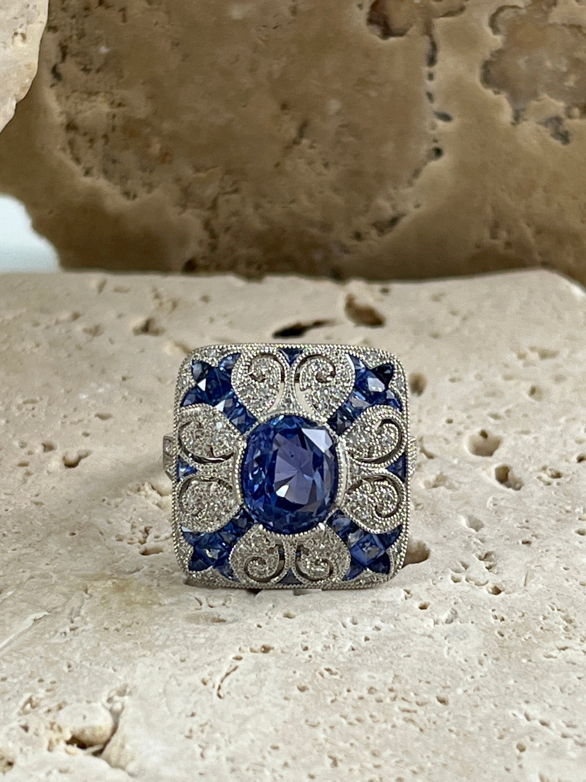 Art Deco Inspired Sapphire Diamond Platinum Ring