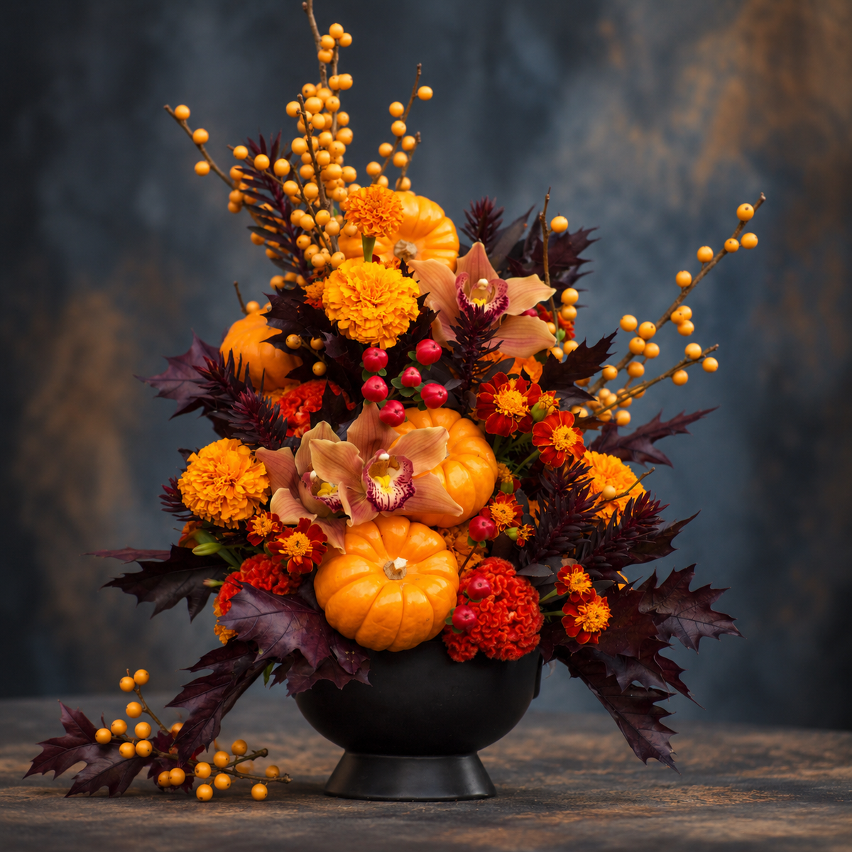 Midnight Lantern arrangement of peach Cymbidium orchids, marigolds, mini pumpkins, and winterberry in a black footed vase