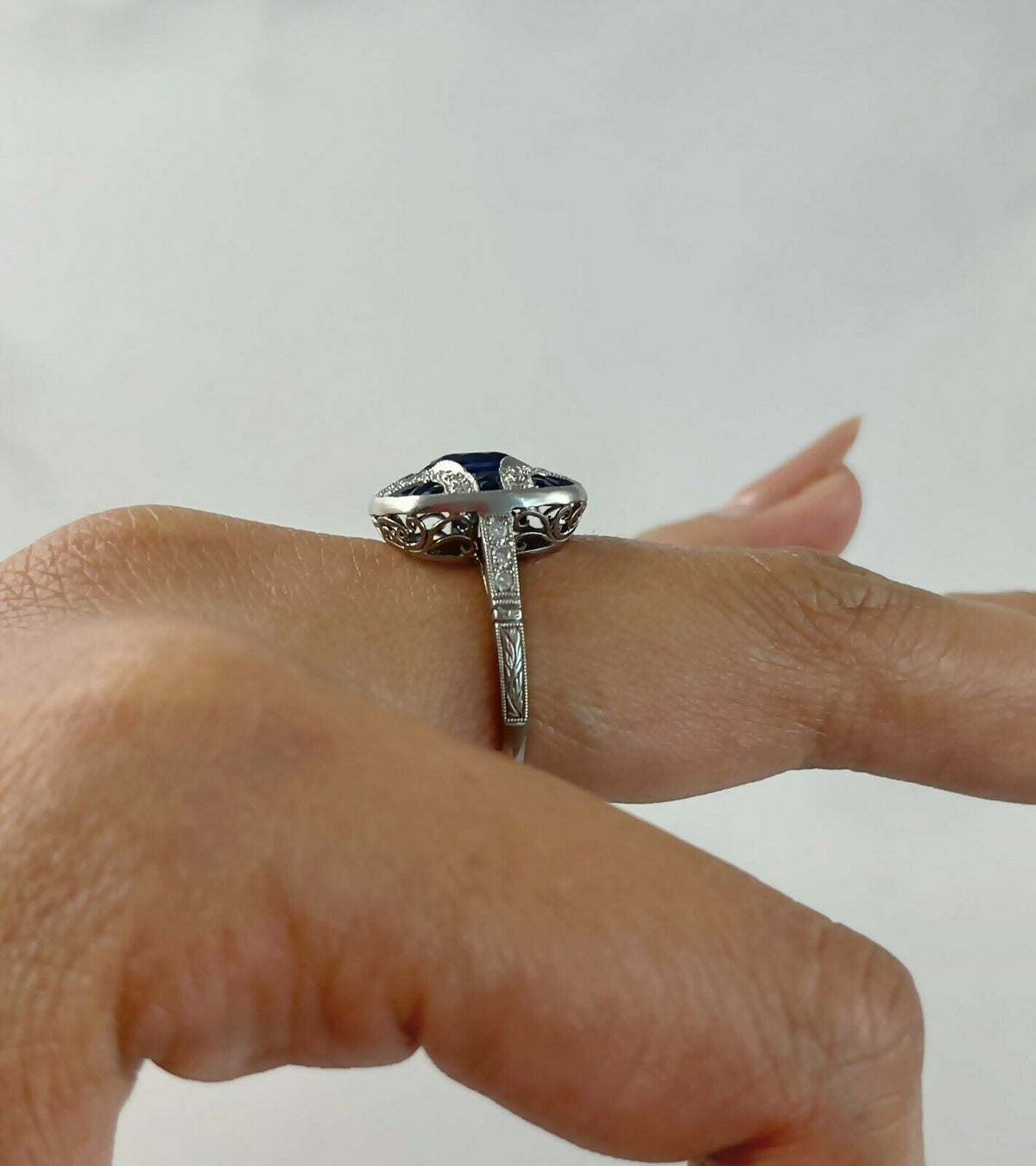 Art Deco Style Blue Sapphire Diamond Platinum Engagement Natural