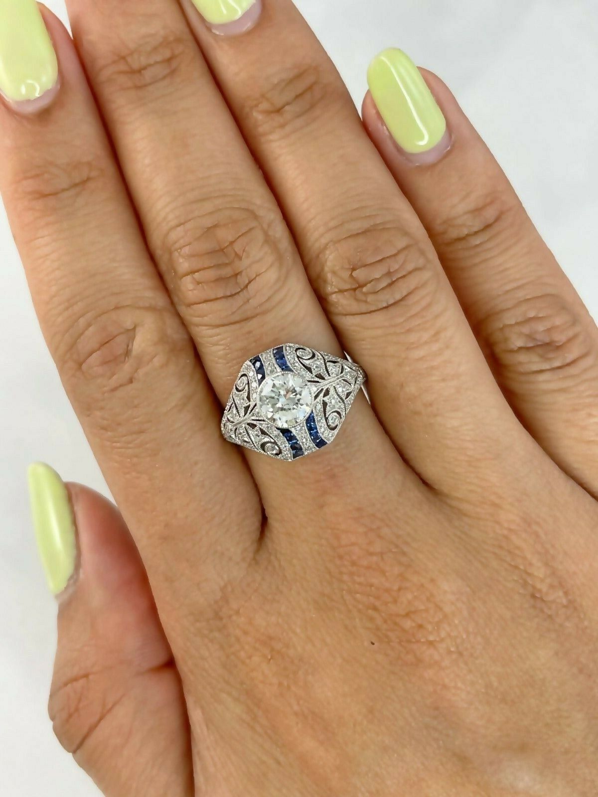 Diamond Blue Sapphire Art Deco Platinum Engagement Ring 1.30 CTW
