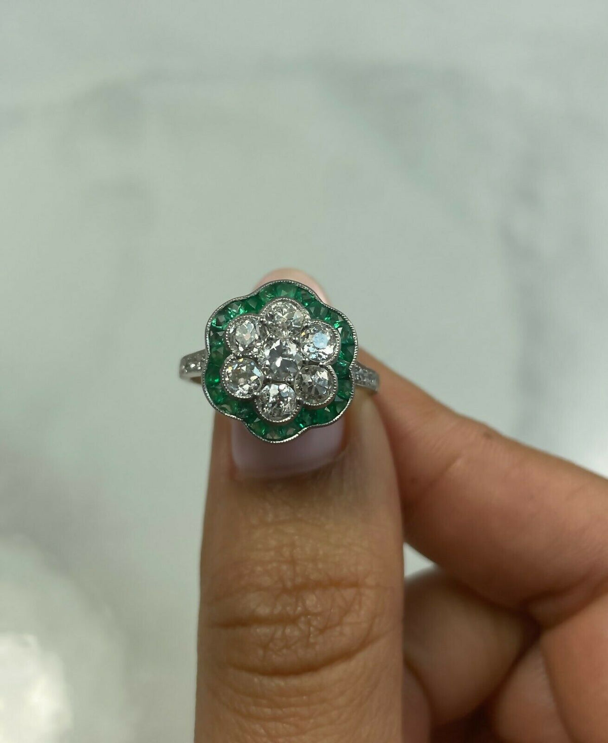 Platinum Diamond Flower Emerald Ring Cocktail Art Deco Certified Natural