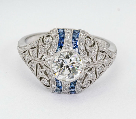 Diamond Blue Sapphire Art Deco Platinum Engagement Ring 1.30 CTW