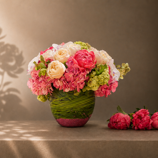 Bouquet of flowers in a green vase on a table with a neutral background